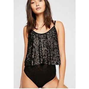 Intimately Free People “Last Dance” Black Sequin Bodysuit, Sz Small
